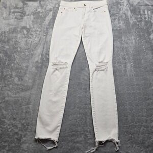 Gap True Skinny Mid Rise White Distressed Jeans Womens 27 4L Raw Hem Knee Slit